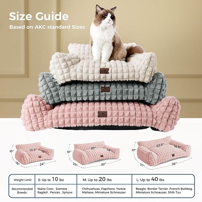 Cute Small & Medium Dog Couch Bed – Supportive & Fluffy Pet Sofa with Faux Rabbit Fur Washable Cover in 3D Diamond Pattern, 36" Pink