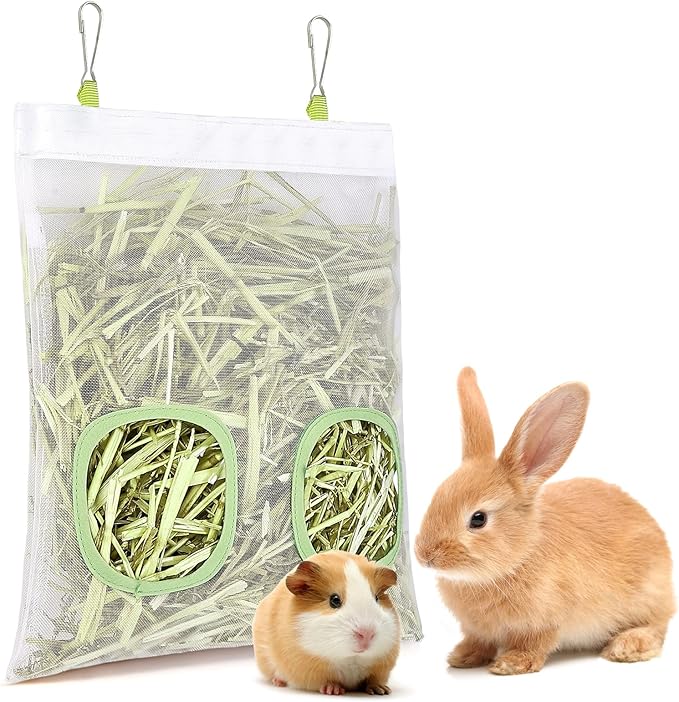 Mesh Guinea Pig Hay Feeder Bag for Guinea Pigs Rabbits Chinchillas, Hanging 2-Hole Hay Dispenser Breathable Wear-Resistant (White)