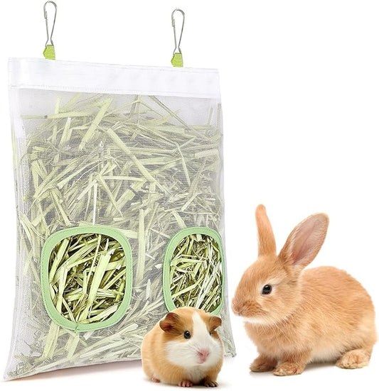 Mesh Guinea Pig Hay Feeder Bag for Guinea Pigs Rabbits Chinchillas, Hanging 2-Hole Hay Dispenser Breathable Wear-Resistant (White)
