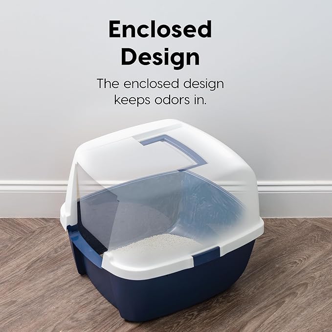 IRIS USA Cat Litter Box Large with Front Door Flap, Covered Enclosed Litter Box Enclosure with Scoop, Handle & Buckles for Portability & Privacy, Hidden Litter Pan, Navy