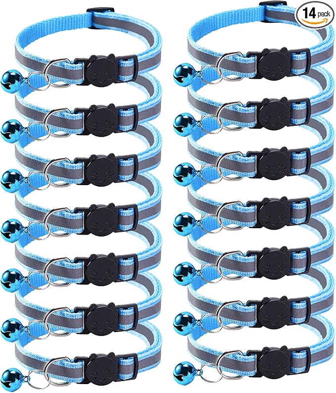 14 Pack Breakaway Cat Collar with Bell, Reflective Kitten Collar for Girl Boy Cats, Safety Buckle Adjustable 7.5-12.5 Inch, 0.4 Inch Width Lightweight, Pet Gifts (Sky Blue)