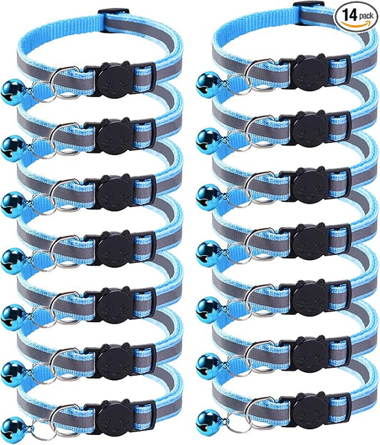 14 Pack Breakaway Cat Collar with Bell, Reflective Kitten Collar for Girl Boy Cats, Safety Buckle Adjustable 7.5-12.5 Inch, 0.4 Inch Width Lightweight, Pet Gifts (Sky Blue)