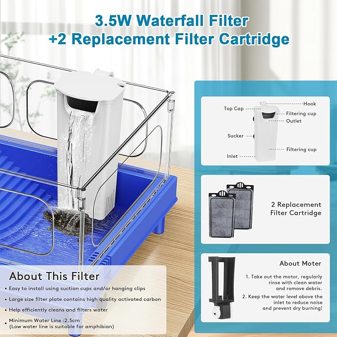Small Turtle Tank Kit with Light and Filter for Baby Turtles | Blue Clear-Panel Habitat, with Basking Platform, Easy-Clean Starter Aquarium with Bottom Drain