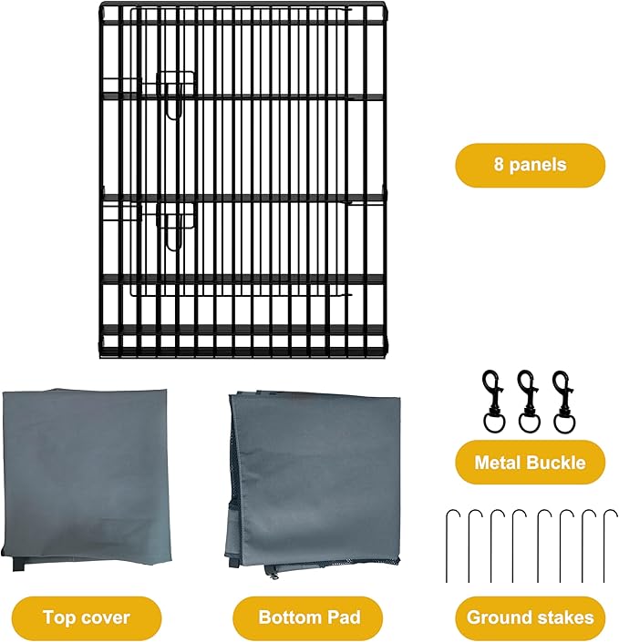 Dog Playpen with Top Cover and Bottom Pad - Foldable Metal Puppy Play Pen,24x30in 8 Panels Dog Playpen with Door for Indoor Outdoor,Heavy-Duty Pet Exercise Fence for Small Medium Animals