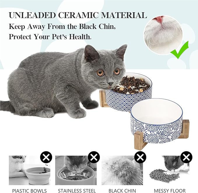 Selamica Ceramic 14 OZ Dog Bowls, Dog Food and Water Bowls with Wooden Stand, Anti-Slip Dogs Dishes Set for Cats & Small Dogs, Weighted Pet Bowls Set of 2, Vintage Blue B