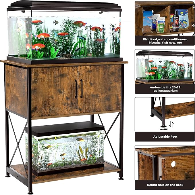 Herture 20-29 Gallon Aquarium Stand Metal Frame Fish Tank Stand with Cabinet Storage, for 20 Gallon Long Aquarium,30.7" L*16.5" W Tabletop,330LBS Capacity Rustic Brown and Black PG01YGN