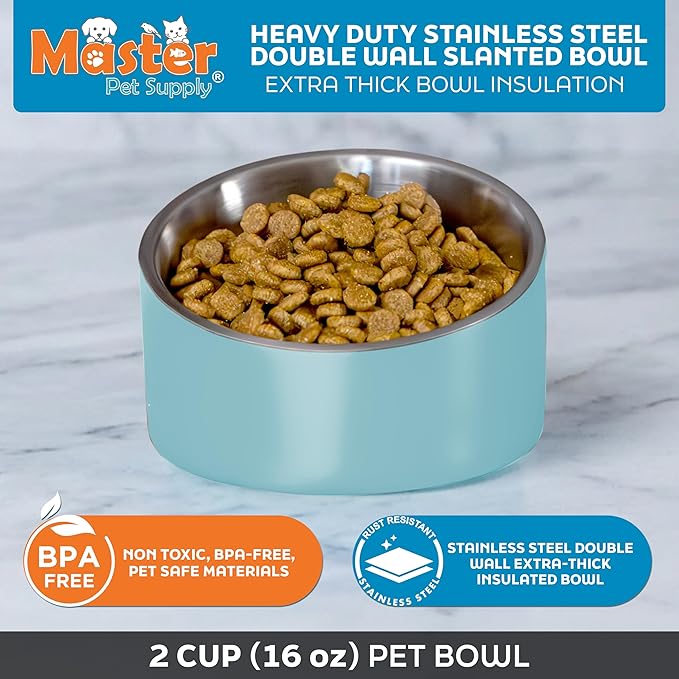Master Pet Supply Stainless Steel Slanted Dog Cat Food Bowl - 16 oz Heavy Duty - Aqua Sky, Double Wall Insulated, Non-Slip Elevated Bowl for French Bulldogs Pugs Cats, Anti Rust Dishwasher Safe