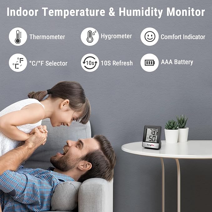 TempPro TempAir Digital Hygrometer Indoor Thermometer | Humidity Meter Room Thermometer with Temperature and Humidity Monitor Mini Hygrometer, Black