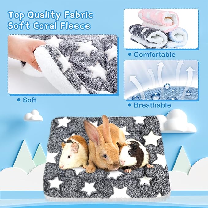 Jetec 3 Pcs Bunny Guinea Pig Beds Soft Bunny Mats Warm Guinea Pig Mat Small Animal Bed Pads Fleece Sleeping Pads for Indoor Rabbit Hamster Squirrel Hedgehog Chinchilla(Fleece,Star,Blue)