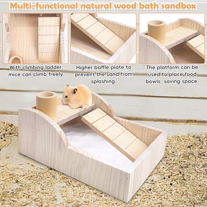 PINVNBY Hamster Sand Bath Box Wooden Shower Room Digging Sand Bathtub Container with Climbing Ladder Bowl Bathroom for Dwarf Syrian Mice Mouse Gerbils and Other Small Animals