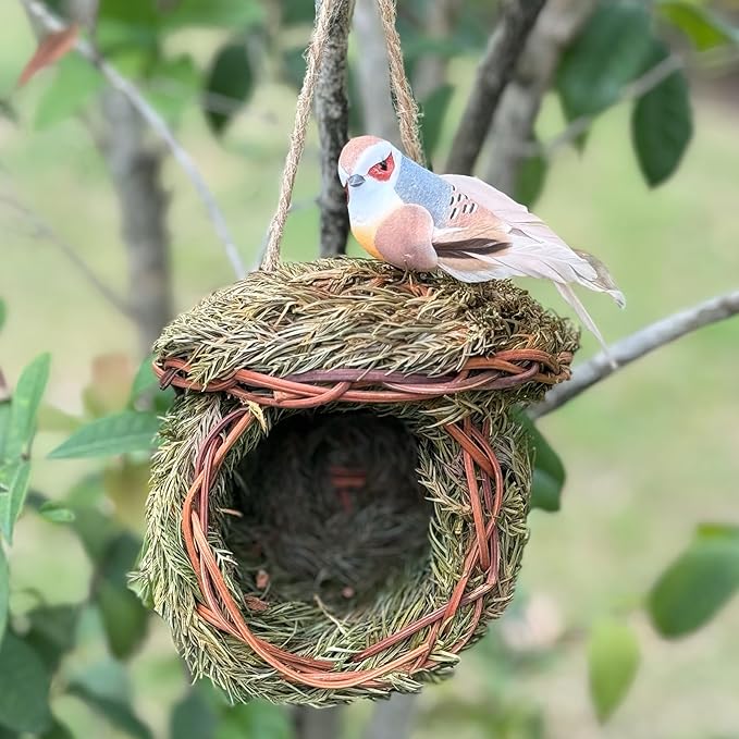 2 Pack Green Grass Birdhouse for Outside Garden Decoration Hanging Bird Hut Bird Nest Cozy Resting Place for Wild Birds (About 3.5-4.5inch)