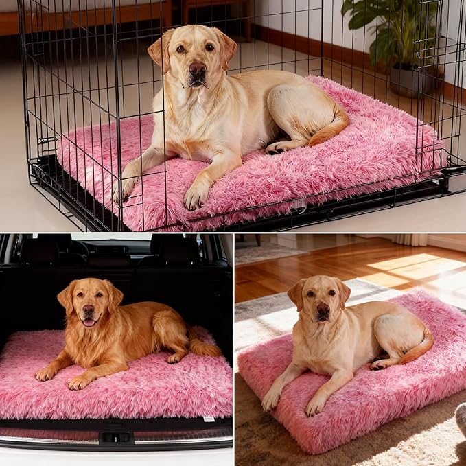 Orthopedic Dog Bed for Large Dogs, Dual-Layer Memory & Egg-Crate Foam, Washable Warm Winter Plush Cover, Waterproof Liner, Non-Slip Bottom, Crate/Kennel Pad, 41 x 27 Inch, Pink