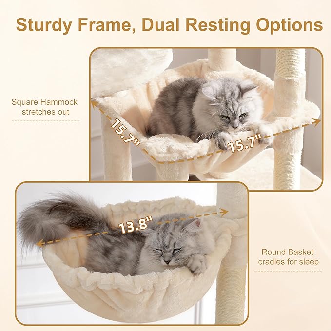 Heybly Cat Tree, 76-Inch Tall Heavy Duty Cat Tower for Big Cats with Extra Wide Baseboard, Multi-Level Large Cat Furniture with 2 Condos & 2 Hammocks, 10 Scratching Posts, Beige HCT039M