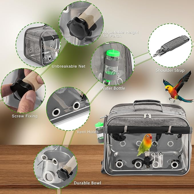 Bird Carrier Airline Approved, Bird Travel Cage with Indestructible Stainless Steel Mesh, Bird Travel Bag Lightweight and Portable with Water Bottle and Bowl