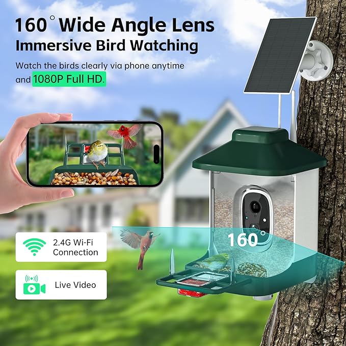 Smart Bird Feeder with Camera, AI Identify Bi rd Species Solar Powered,Full HD Live Video Bird Feeder Camera, 2.4Ghz WiFi, Instant Arrival Alerts - Best Gifts for Bi rd Lover