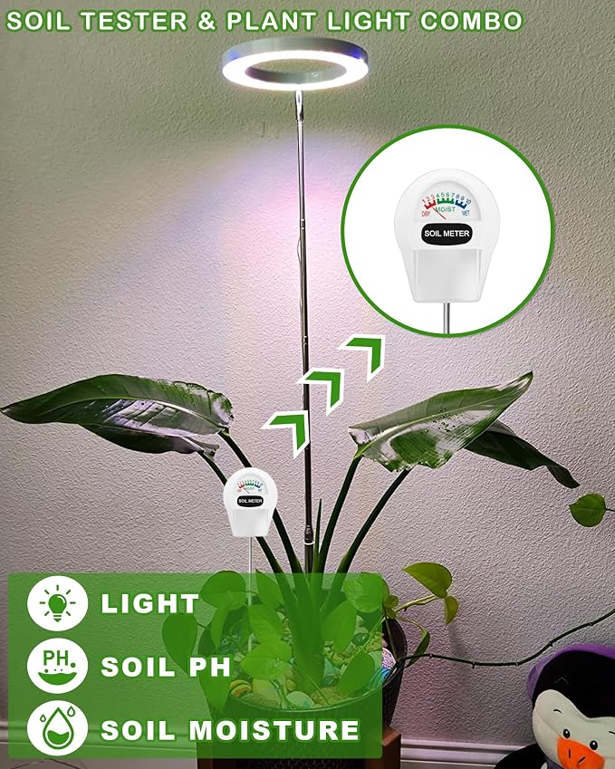 LED Growing Light, Full Spectrum for Indoor Plants, Paired with a Soil Tester,Height Adjustable, Automatic Timer, Low Safe Voltage, Ideal for Large Plants