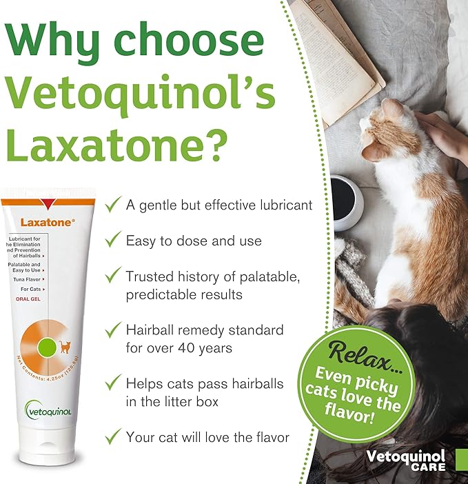 Vetoquinol Laxatone: Oral Hairball Lubricant Gel for Cats – Tuna-Flavored, 4.25oz (2 Pack)