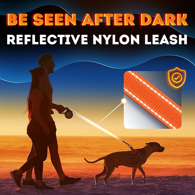 Retractable Dog Leash 18.2 ft – Chew Proof Cable Included – 360° Tangle-Free Design – Heavy Duty Reflective Leash – Soft Anti-Slip Grip Outdoor Daily for Small Medium Dogs up to 50 lbs (Orange)