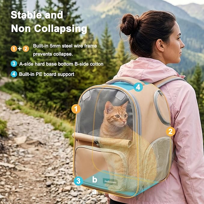 Cat Backpack Carrier Expandable, Breathable Mesh & Lockable Zippers & Shaded Curtains & Multi-Entry, Pet Backpack for Kitty Puppy Small Dogs Up to 18lbs for Travel, Hiking, Car, Vet(Khaki)