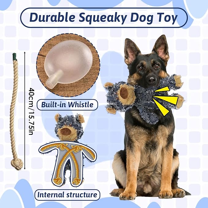 MAXBECK Dog Companion for Heavy Chewers- Indestructible Robust Bear Dog Toy, Resistant Squeaky Dog Toys for Heavy Chewers, Unbreakable Stuffed Plush Dog Toys for Aggressive Chewers (C-Navy+Oak)
