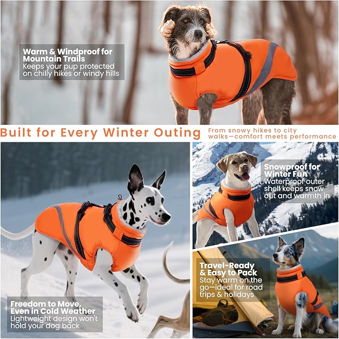 QBLEEV Dog Coat for Large Dogs, XL Dog Jacket for Winter Snow Waterproof with Built-in D-Ring Harness, Reflective Warm Thick Fleece Safety Vest, Cold Weather Snowsuit with Zip, Orange, XL
