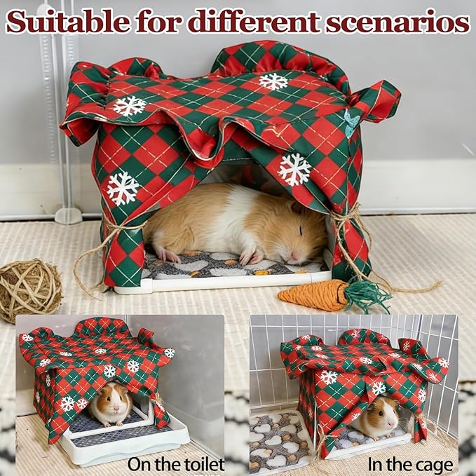 Guinea Pig Hideout Guinea Pig Tunnel Bed House Cave Detachable Guinea Pig Hiding Hut with Curtain for Chinchilla Ferret Hedgehog Hamster Cavy (Red and Green)