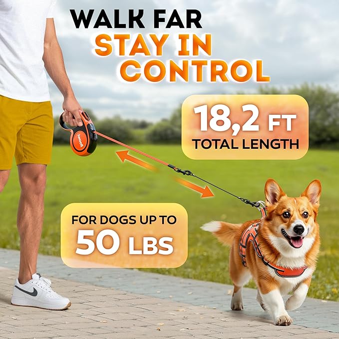 Retractable Dog Leash 18.2 ft – Chew Proof Cable Included – 360° Tangle-Free Design – Heavy Duty Reflective Leash – Soft Anti-Slip Grip Outdoor Daily for Small Medium Dogs up to 50 lbs (Orange)