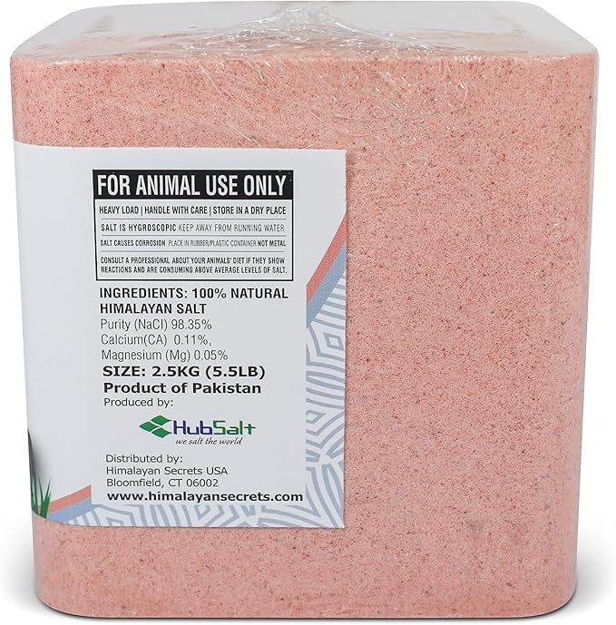 Salt Block for Deer & Horses – Compressed Mineral Salt Lick for Livestock, Cattle & Goats – Himalayan Secrets Pink Rock Salt Block (2.5LB/2KG, Block w/Mounting Hole)