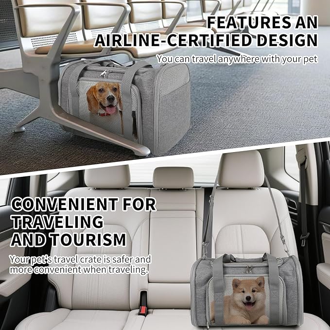 Cat Carrier, Soft-Sided Airline Approved Pet Carrier Case with 4 Ventilated Windows for Cats and Dogs Under 10-25Lbs (17.0 L x 11.0 W x 11.0 H Inch, Grey)