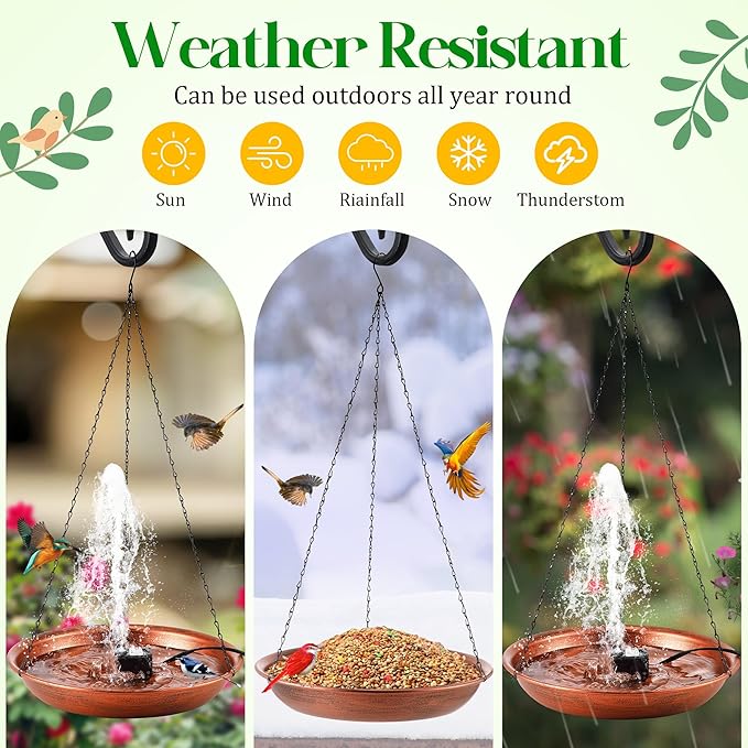 24.8 Extra Large Hanging Bird Bath with 8W Fountain Pump, 14" Copper Metal Bird Bath Bowl with Adjustable 3 Water Flow Modes and 2 Spray Nozzles, Birdbath Feeder for Outdoor Garden Backyard Patio Lawn