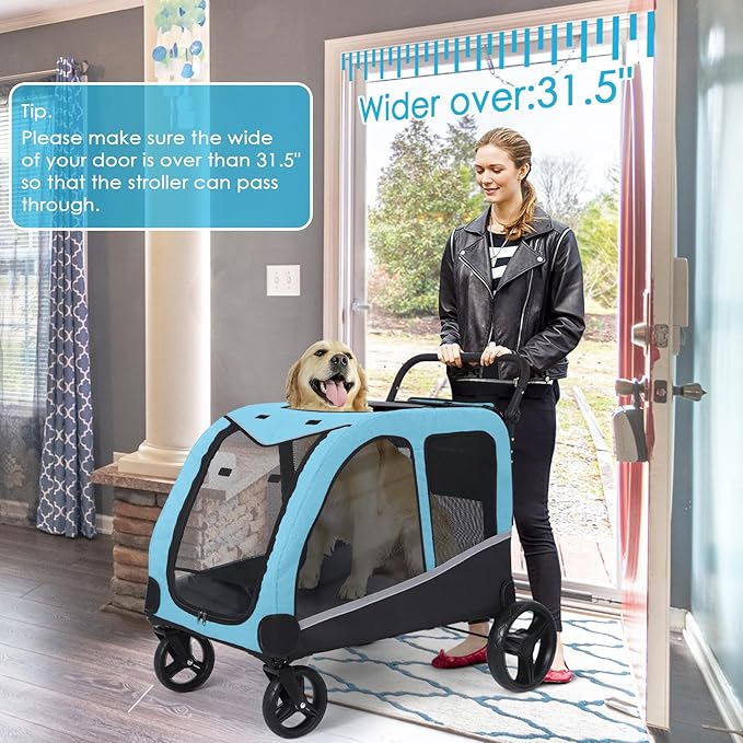 Saudism Dog Stroller for Large Dogs, Extra Large Pet Stroller for Medium Dogs, Dog Wagon Carriage, Foldable Design, Adjustable Handle, with Pocket, Up to 130 lbs, Blue