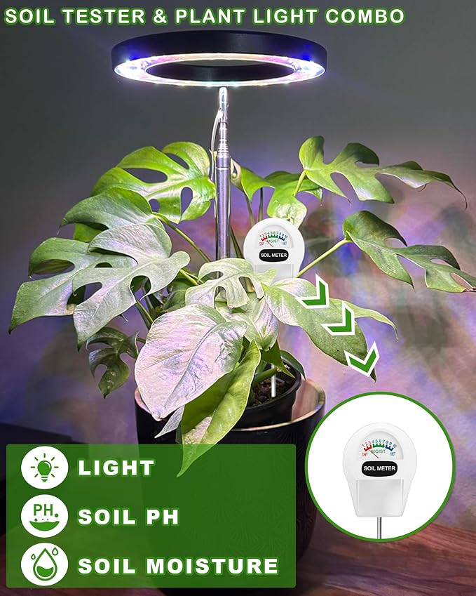 Plant Grow Light, LED Growing Light Full Spectrum for Indoor Plants, Paired with a Soil Tester,Height Adjustable, Automatic Timer, 5V Low Safe Voltage,Idea for Large Plant Light