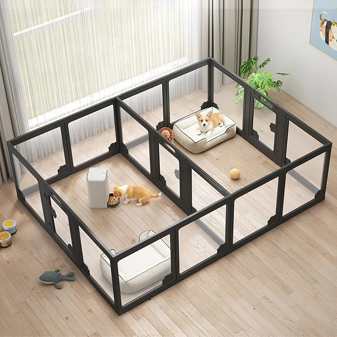 Albott Acrylic Clear Dog Playpen Indoor, Modular Puppy Cat Small Pet Play Pen with 3 Doors, Transparent Fence for Little Dogs, Cats, Rabbits, Easy Assemble and Disassemble, Black (24" H, 17 pcs)