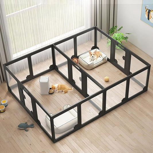 Albott Acrylic Clear Dog Playpen Indoor, Modular Puppy Cat Small Pet Play Pen with 3 Doors, Transparent Fence for Little Dogs, Cats, Rabbits, Easy Assemble and Disassemble, Black (24" H, 17 pcs)