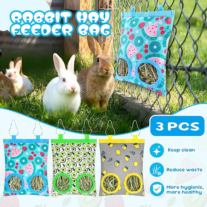 3 Pack Rabbits Hay Feeder Bag, 2 Holes Hanging Bunny Hay Feeder Guinea Pig Feeding Bag Storage Dispenser for Bunny Rabbits Chinchillas Hamsters Small Pets and Animals