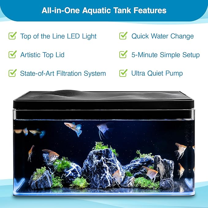 Harmony Deluxe 8 Gallon All-in-One Aquarium Kit, Award-Winning Fish Tank with Lid, Integrated Filtration, LED Light, Low-Iron Glass, Black Tank with Black Top