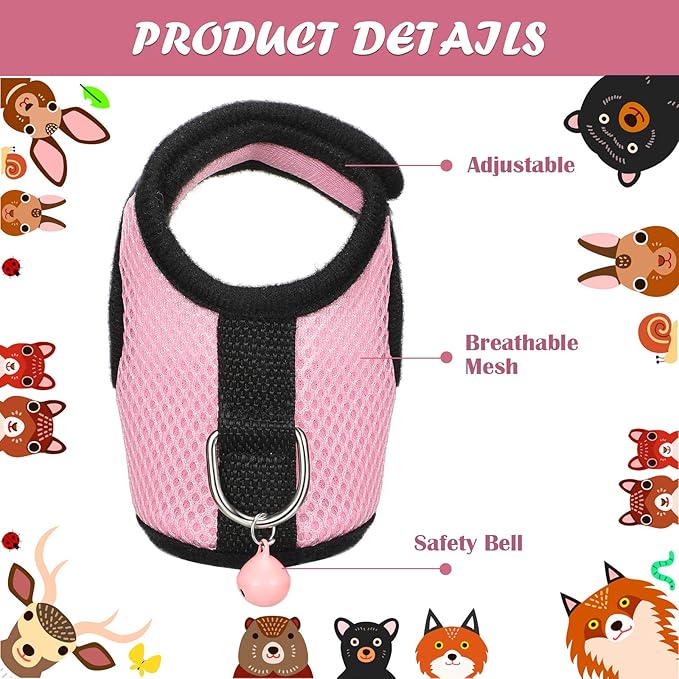 SATINIOR 2 Sets Guinea Pig Harness and Leash Adjustable Soft Mesh Harness Bell No Pulling Comfort Vest for Baby Ferret Rats Hamster Bunny Rabbit Chinchilla and Small Pet(Blue, Pink,XS)