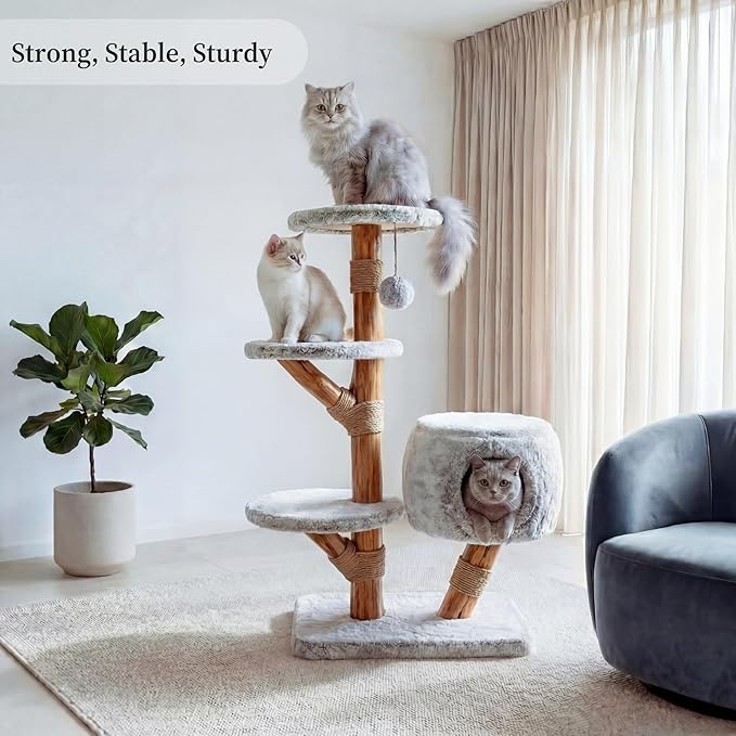 Leo & Lexi Modern Cat Tree Tower with Cave, Real Wood Cat Scratching Post with Bed for Indoor Cats Large Adult, Solid Wooden Climbing Tower, Aesthetic, Luxury Pet Furniture