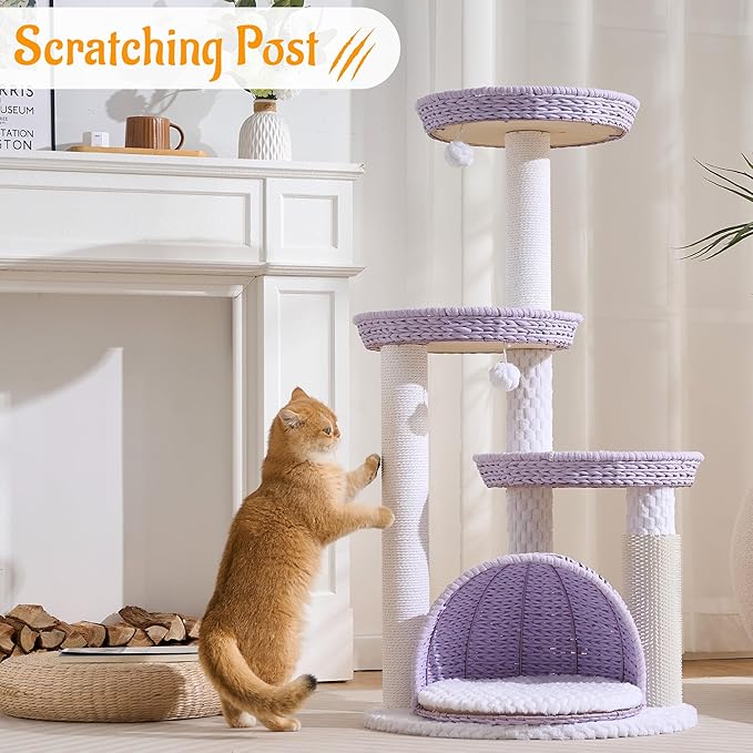 HITTITE Modern Cat Tree Tower with Scratching Post, 46 Inches Tall Cat Towers with Woven Cat Nests and Cave, Multi-Level Cat Tree With Removable Cushions and Massage Brush for Indoor Cats Large Adult.