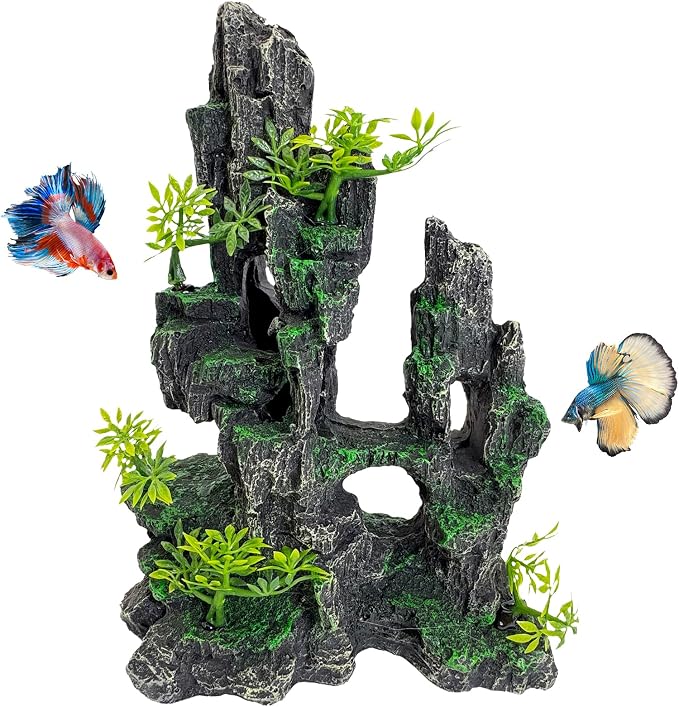 kathson Aquarium Mountain View Stone Resin Fish Tank Decoration Betta Hideout Caves Rockery Landscape Tree Rock Hiding Cave Decor for Small Fish Shrimp Play Ornament
