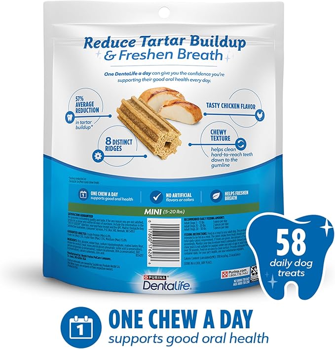 Dentalife Daily Oral Care Dog Treats for Small Dogs 5-20 lbs.,Chewy Dental Treat to Freshen Breath and Fight Tartar,Chicken Flavor,17.1 oz.,58 Chews - 58 ct. Pouch,(Pack of 2)