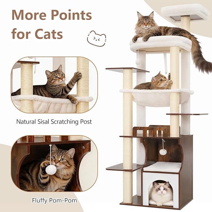 Gitelsnour Cat Tree, 70.9 Inch Wood Cat Tower for Large Cats Adult, Modern Cat Furniture with Double-Layer Wooden Cat Condo, 2 Platforms, Large Hammock and Scratching Posts, Rustic Brown GCT102SR