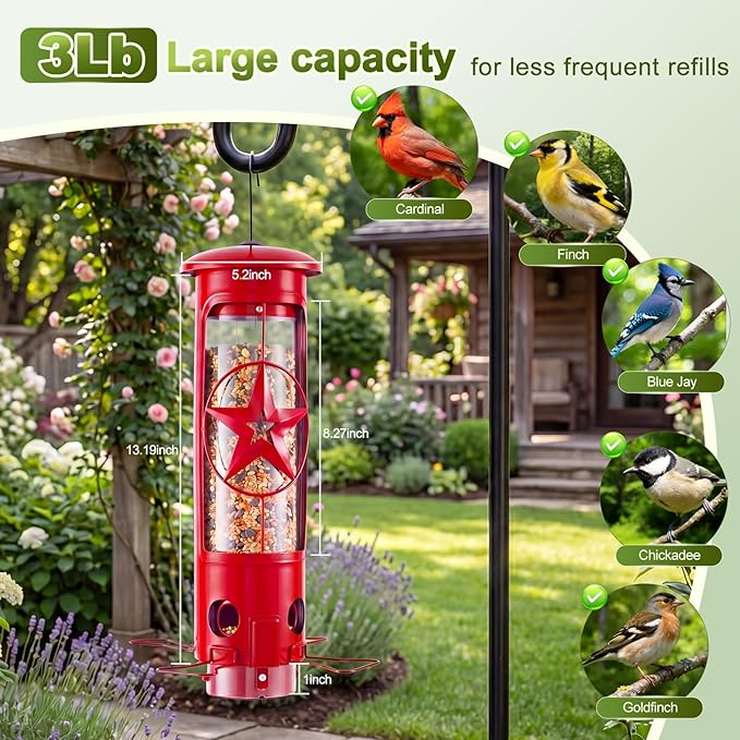 Squirrel Proof Bird Feeders for Outdoors with Weight-Activated, 3LB Large Metal Wild Bird Feeders for Cardinals,Blue Jay,Finch, Weatherproof Durable Tube Hanging Bird Feeder for Backyard,Garden,Patio