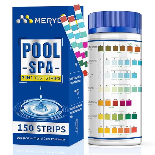 7-Way Pool Test Strips,150 Strips Pool and Hot Tub Test Strips | Accurate Test Bromine,Total Alkalinity,pH,Free Chlorine,Total Hardness,Cyanuric Acid and Total Chlorine