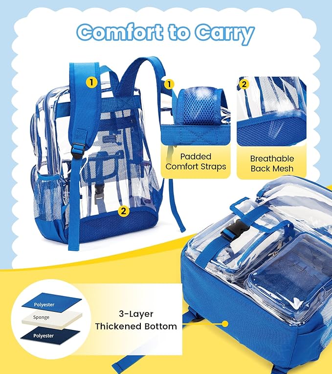 Vorspack Clear Backpack for School - Heavy Duty Transparent Bookbag for Girls Boys Large See Through backpacks for Work, College, Travel - Blue