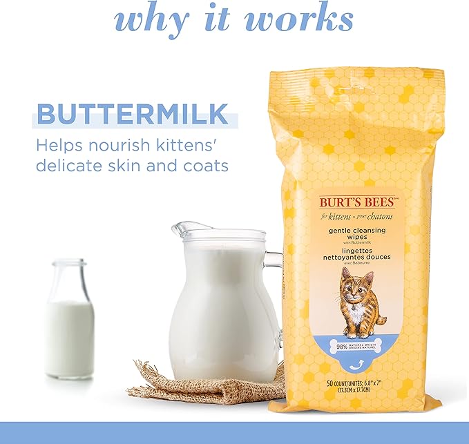 Burt's Bees for Pets Kitten Grooming Wipes with Buttermilk and Honey, Waterless Cat Bath Wipes for Face, Paws, Tail and Coat Cleaning, Gentle Bath Alternative for Indoor Felines, 50 Count