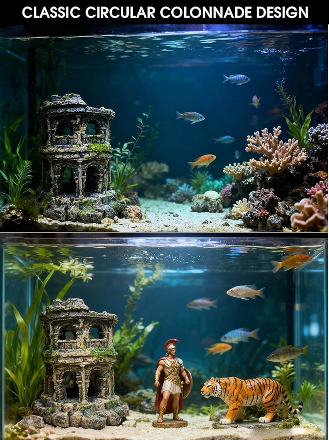 Antique Roman Column Ruins Fish Tank Decorations - Roman Column Round European Castle Aquarium Ornaments Fish Tank Hideouts Rocks Stone Cave for Betta,Shrimp,Goldfish Tank Landscaping