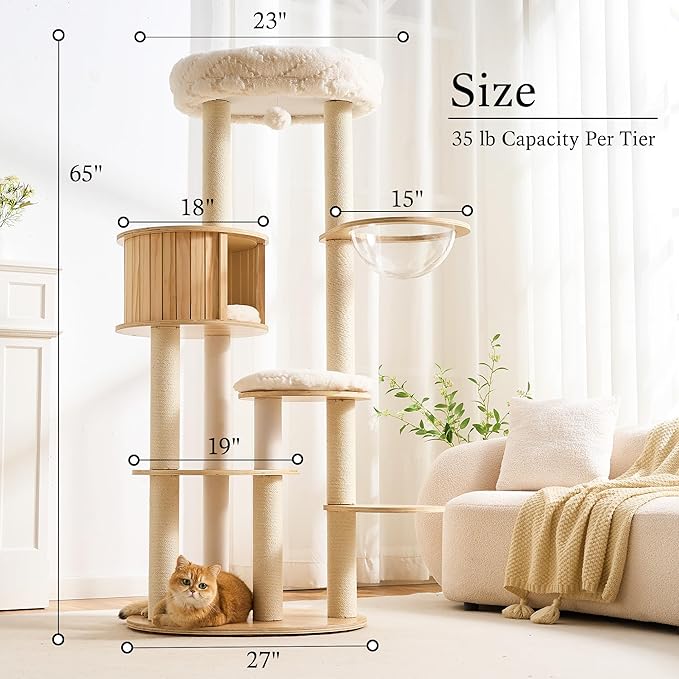 797Audio Wood Modern Cat Tree, 65" Cat Tower with Sisal Scratching Posts, Cat Condo, Capsule and Bed, Solid Wooden Aesthetic Multi-Level Cat Climbing Tree for Large Adult Indoor Maine Coon Cats-White
