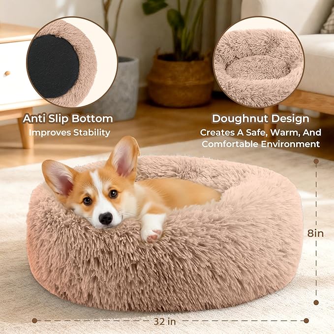 Calming Extra Large Donut Dog Bed, Round Soft Fluffy Plush Faux Fur Anti-Anxiety Washable Anti-Slip Pet Bed for Large Size Dog and Cat 32in （Camel）