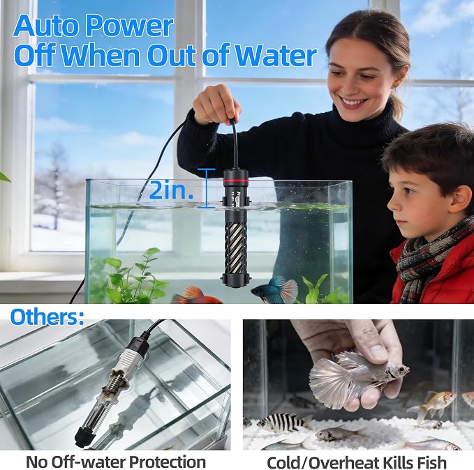 FREESEA Aquarium Heater for Fish Tank: 50W Small Submersible Thermostat with Off-Water Protection & UL Certified Cord for 3-10 Gallon Fish Turtle Tanks Enthusiasts | 50W Worry-Free Heating via Dry Run Protection for 3-10 gal Betta Turtle & Saltwater Tank
